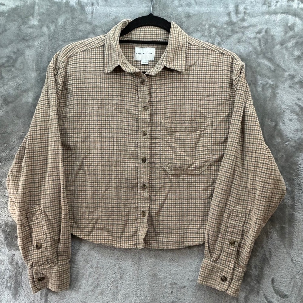 American Eagle Womens XS Crop Corduroy Plaid Button Down Shirt Tan Brown Cotton
